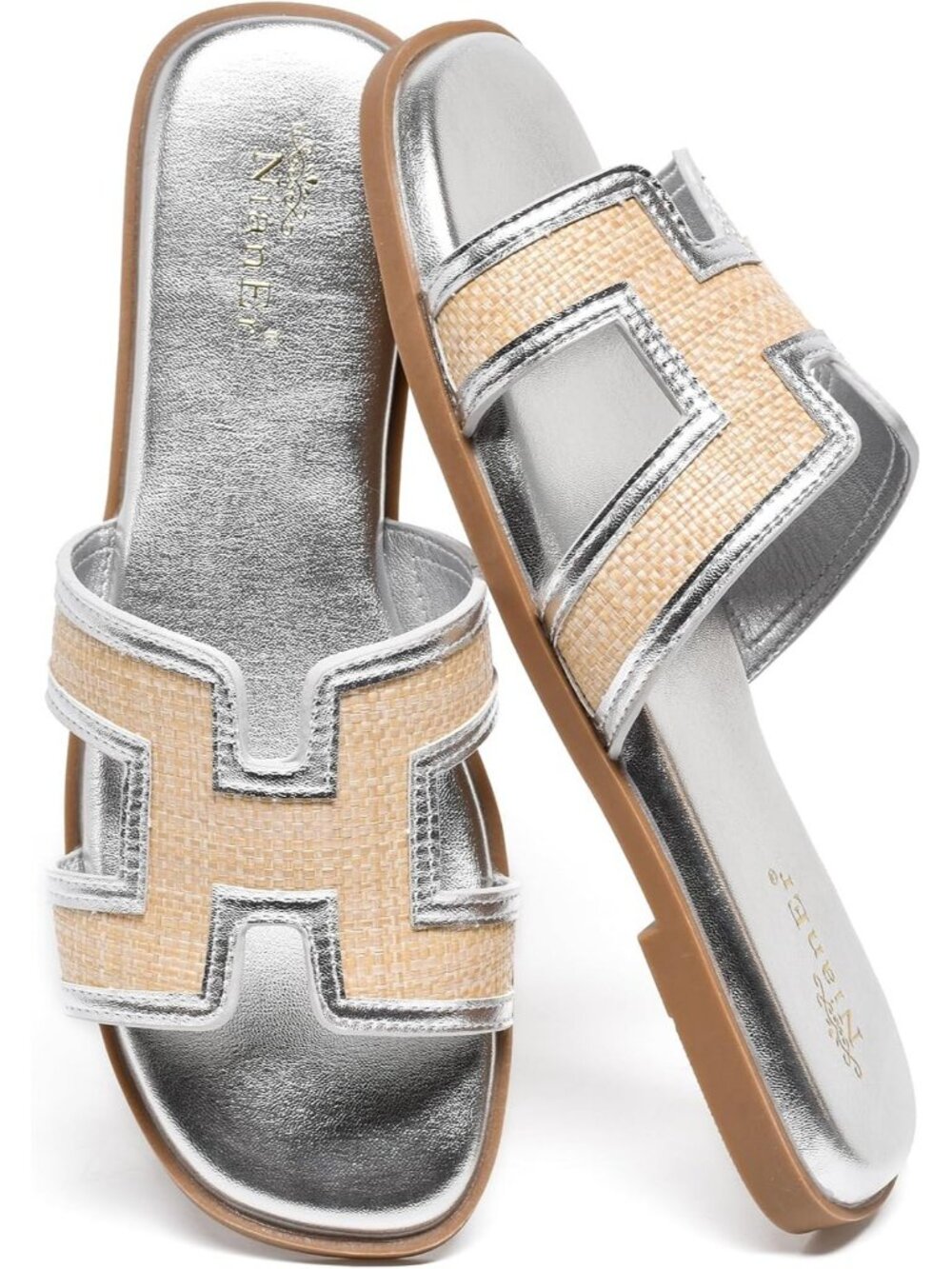 NianEr Women's Silver Leather Comfortable Casual Summer Flats Sandals Shoes